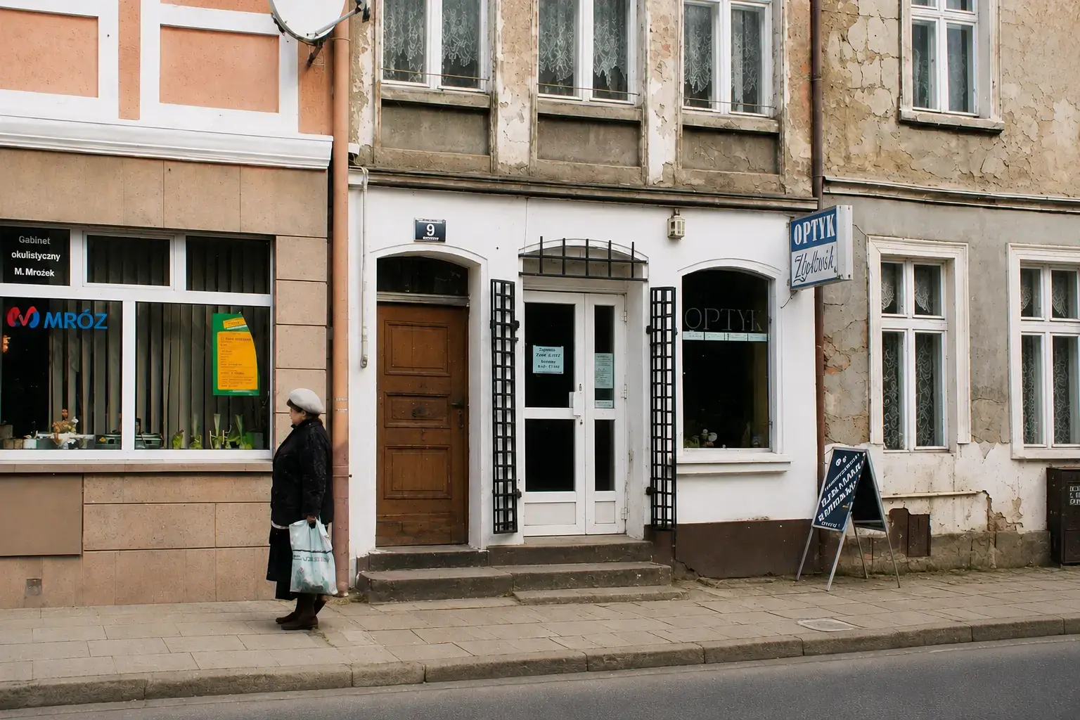 Kamienica w Trzebiatowie z szyldem OPTYK Ziółkowski nad wejściem do pierwszego zakładu